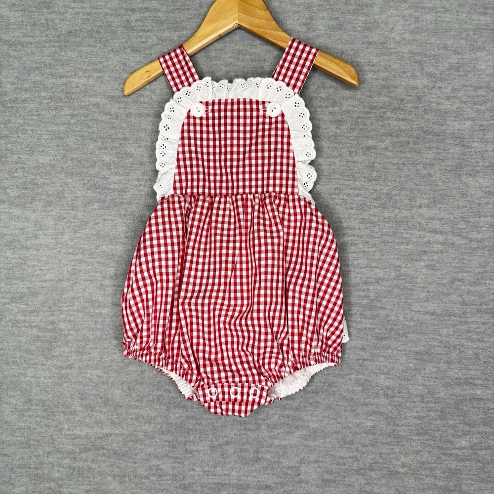 Remember Nguyen Baby Girl Sz 3M 3 Month Bubble Red White Gingham Monogram Blank